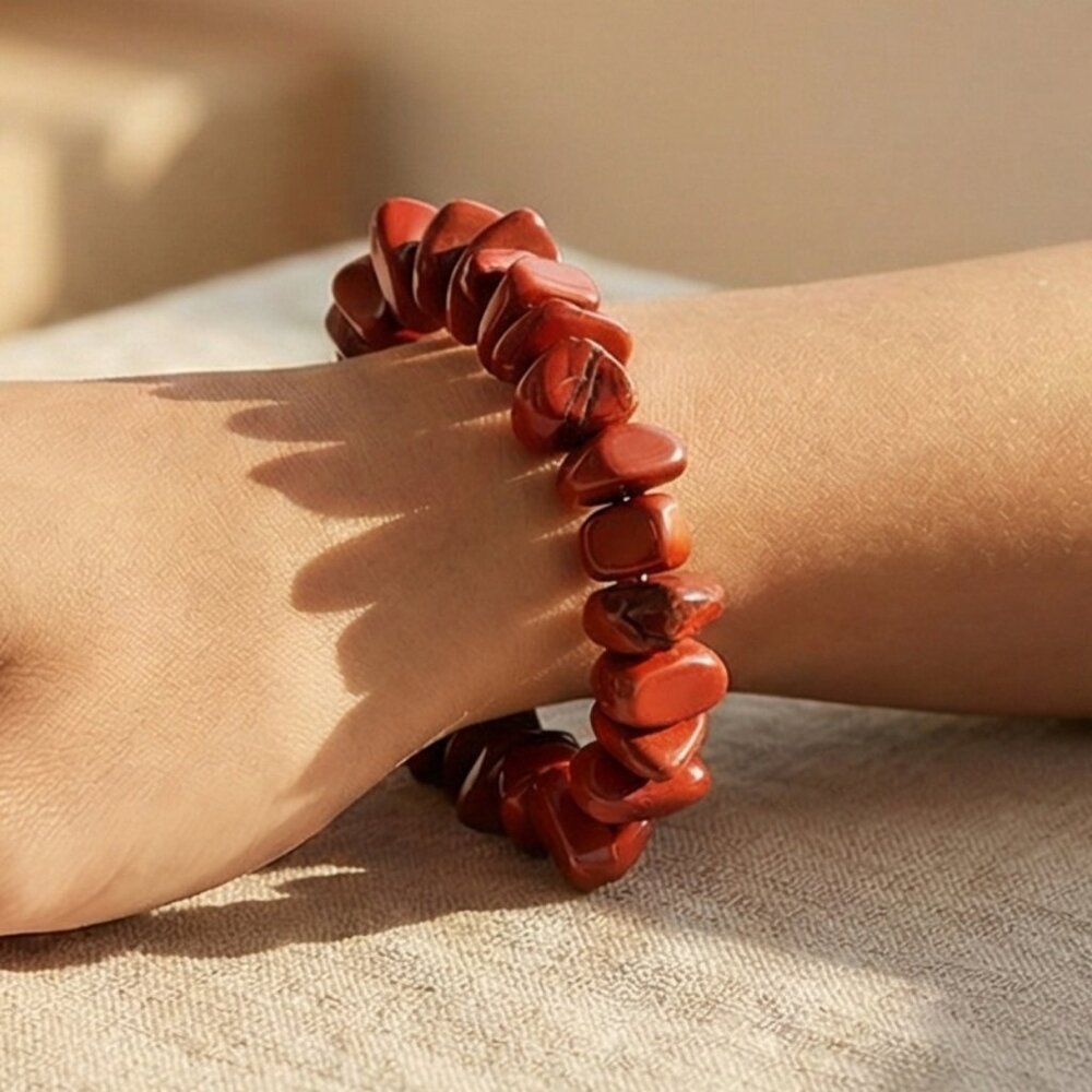 Red Wood Chip Bracelet Stretchy Natural  Boho‎